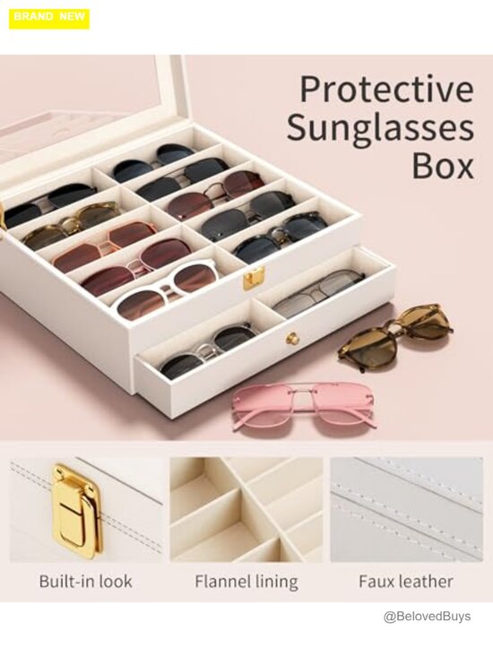 20 Slots Sunglass Organizer with UV-Blocking Lid PU Leather Eyeglass Storage Box